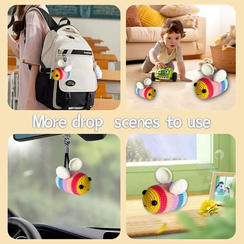 Finished handmade rainbow bee crochet plush displayed on shelf