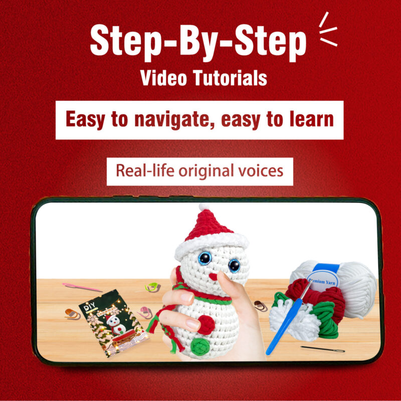 Small crochet christmas snowman plush placed on a modern office desk