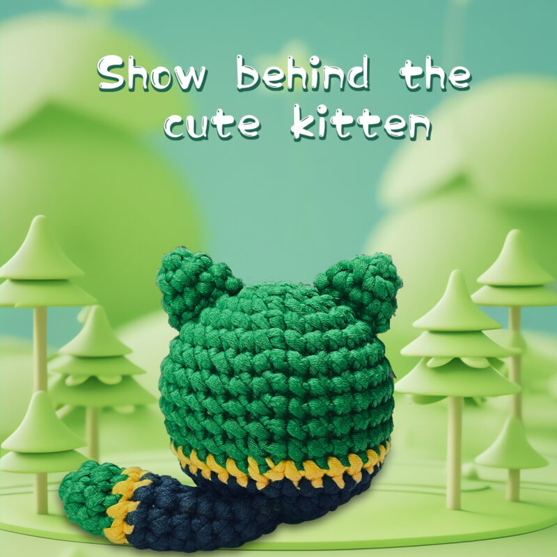 Small crochet green cat plush placed on a modern office desk