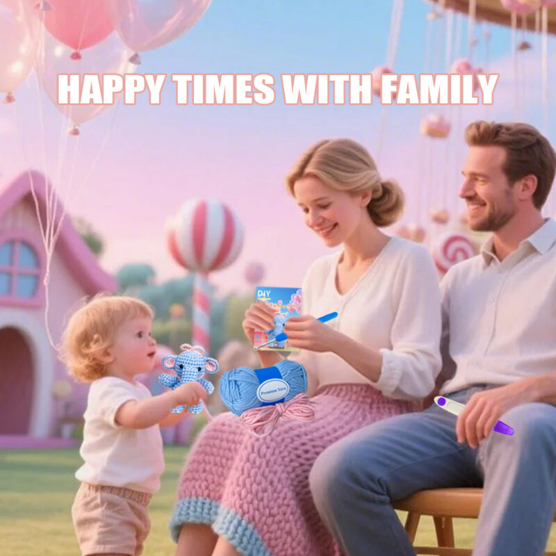 Finished handmade blue elephant crochet plush displayed on nursery shelf