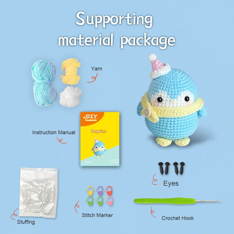 Finished handmade blue christmas penguin crochet plush displayed on christmas shelf