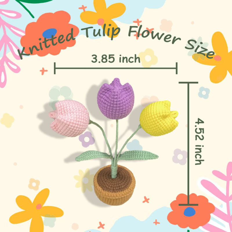 Complete tulip potted plant crochet kit supplies on wooden table