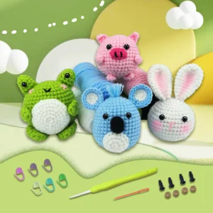 Complete frog rabbit koala pig crochet set supplies on wooden table