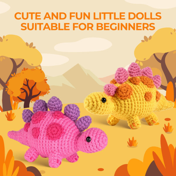 green ankylosaurus crochet kit Complete green ankylosaurus crochet plush kit supplies laid out on a wooden craft table