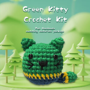 green cat crochet kit Complete green cat crochet plush kit supplies on wooden table