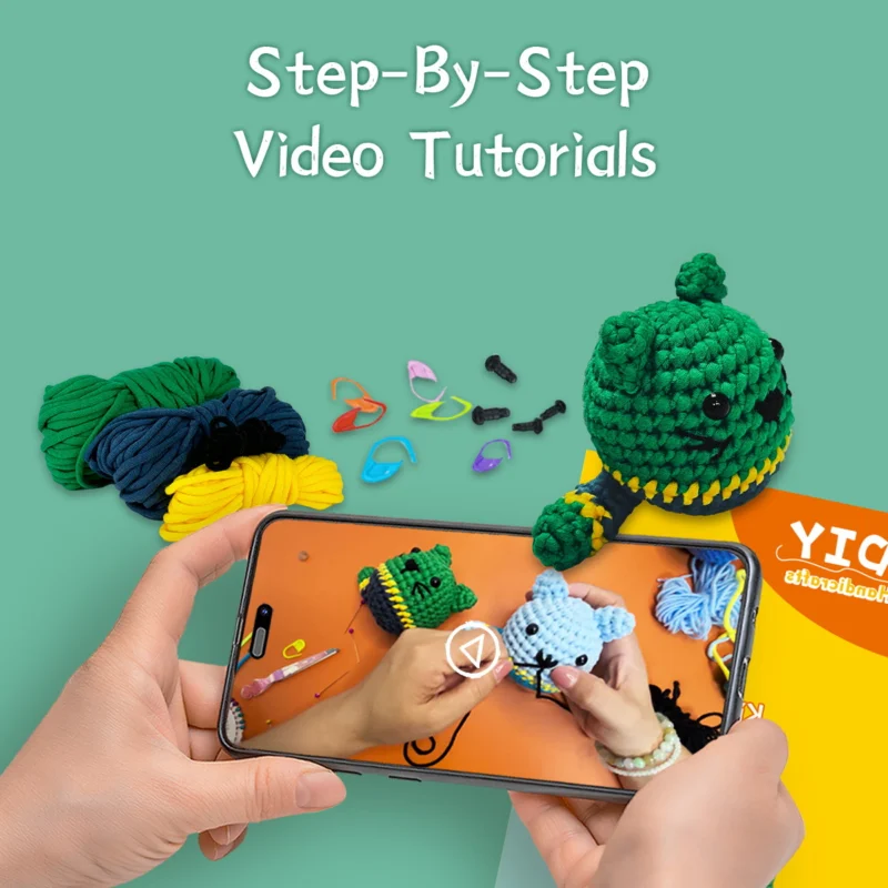 Finished handmade green cat crochet plush displayed on home shelf