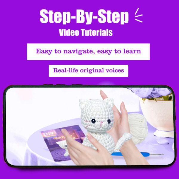 Finished handmade white cat crochet plush displayed on shelf