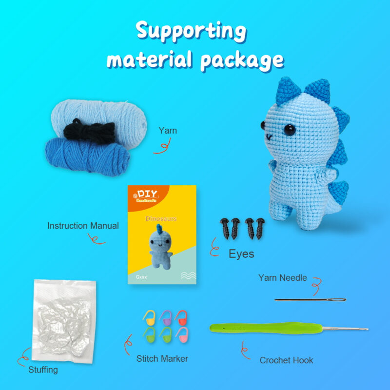 Complete blue triceratops crochet plush kit supplies on wooden table