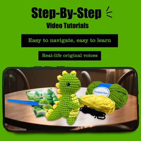 Small crochet green dinosaur plush placed on a modern office desk