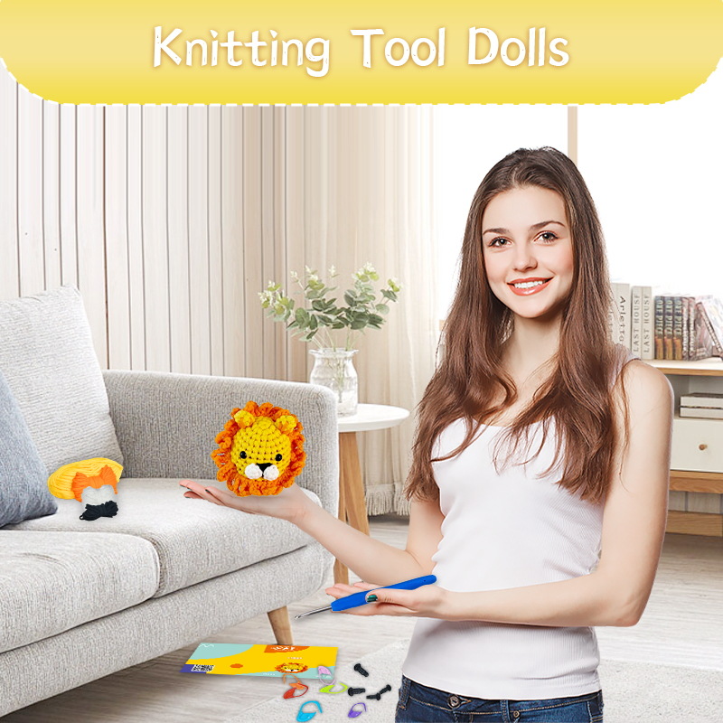 Small crochet lion plush placed on a modern office desk