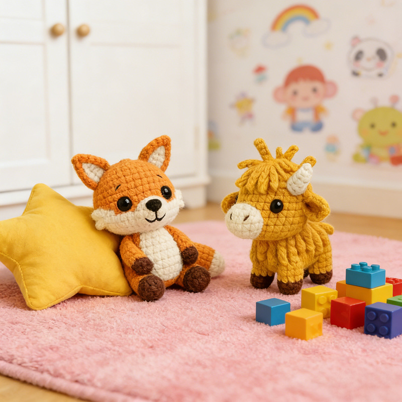 Fox and Highland Cow Yarn Dolls for Home Decor Display