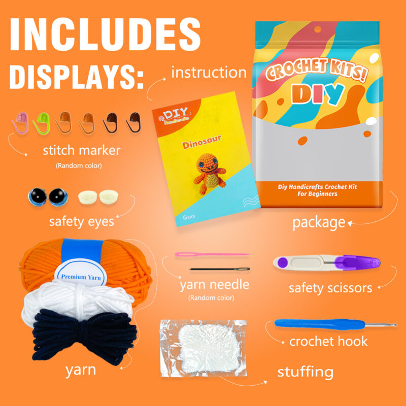 Finished handmade orange dragon crochet plush displayed on shelf