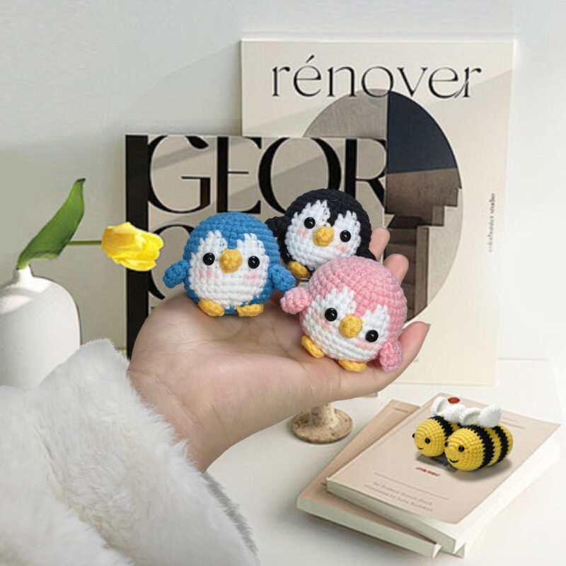 Step-by-step photo tutorial for shaping tiny crochet bee and penguin