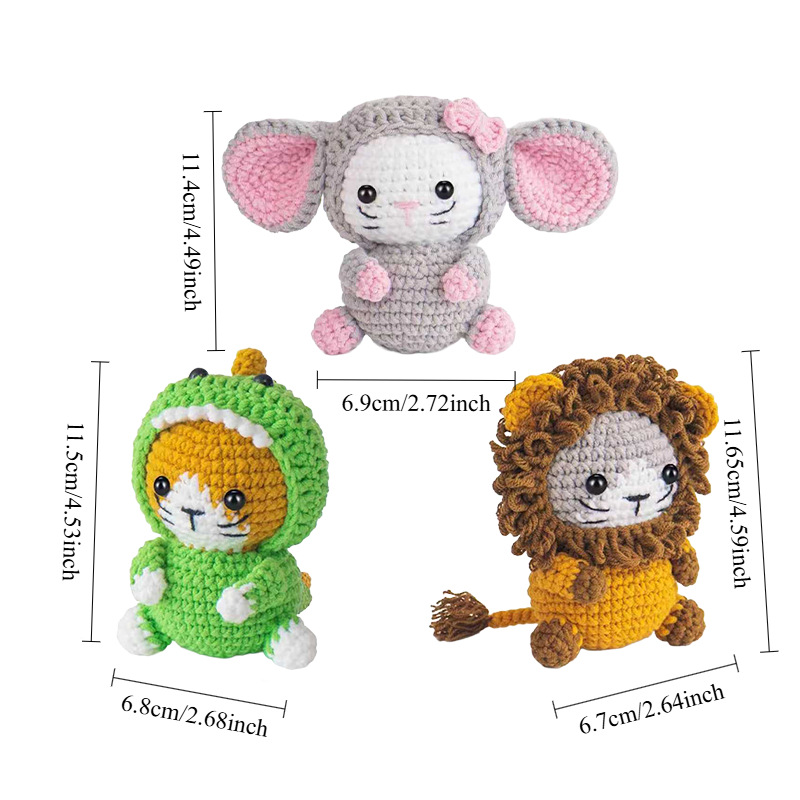 Mouse Lion Dinosaur Crochet Kit 3-Pack 5 Finished Lion Yarn Doll with Fluffy Mane from Crochet Kit