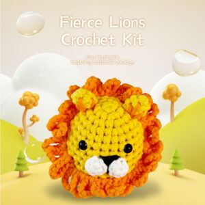 Complete lion crochet plush kit supplies on wooden table
