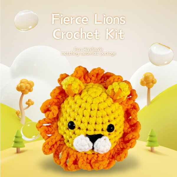 lion crochet kit Complete lion crochet plush kit supplies on wooden table