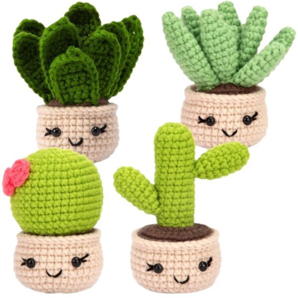 4 Pcs Cactus Potted Plant Crochet DIY Kit Full Supplies