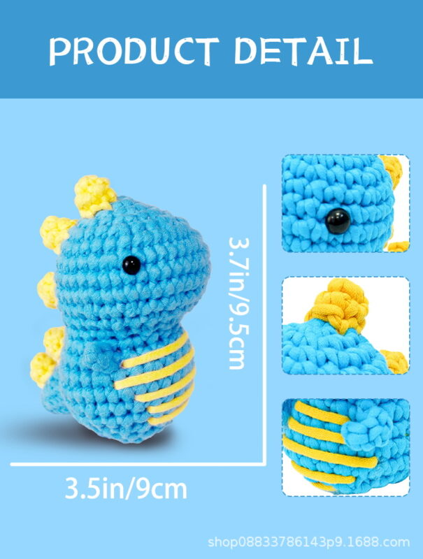 Two finished handmade blue green dinosaur plushies displayed on nursery shelf