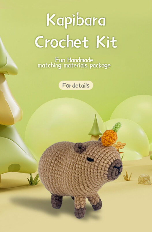 Complete capybara crochet plush kit supplies on wooden table