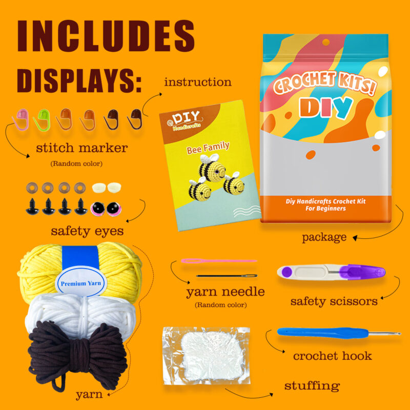 Step-by-step photo tutorial for shaping tiny colorful crochet bees