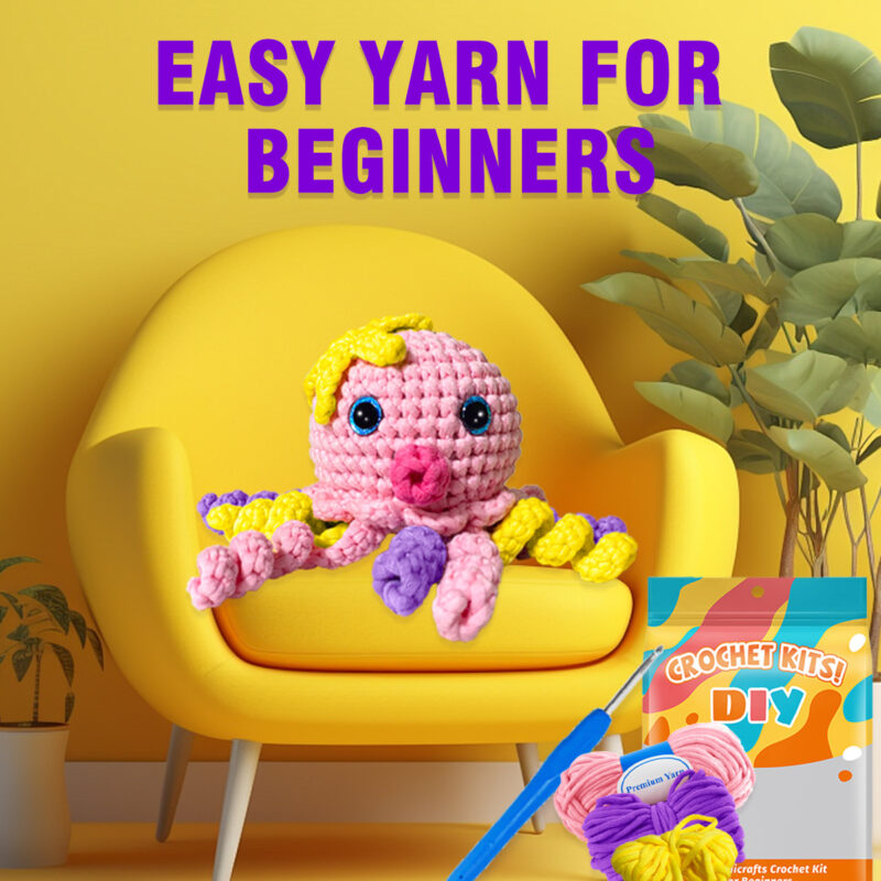 Complete pink octopus crochet plush kit supplies on wooden table