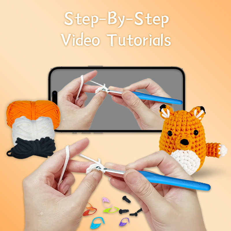 Orange Fox Crochet Plush Kit for Beginners 3 Complete orange fox crochet plush kit supplies on wooden table