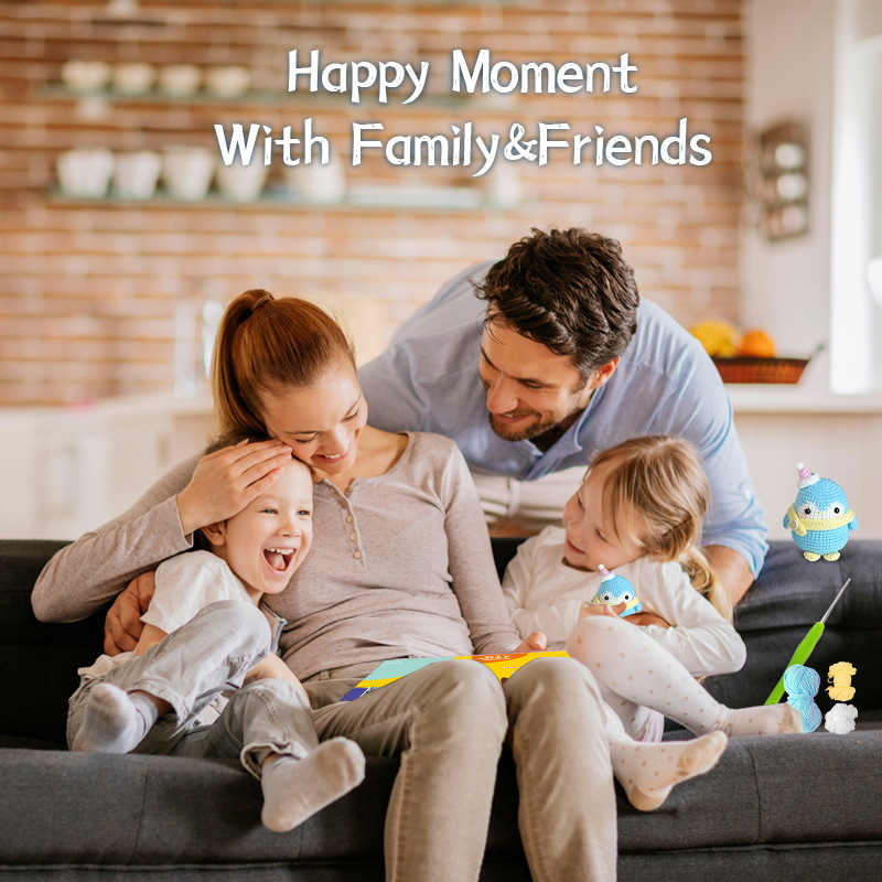 Finished handmade blue christmas penguin crochet plush displayed on christmas shelf