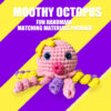 Complete pink octopus crochet plush kit supplies on wooden table