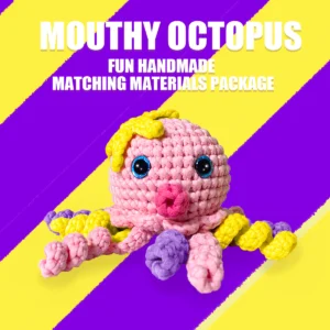 Complete pink octopus crochet plush kit supplies on wooden table