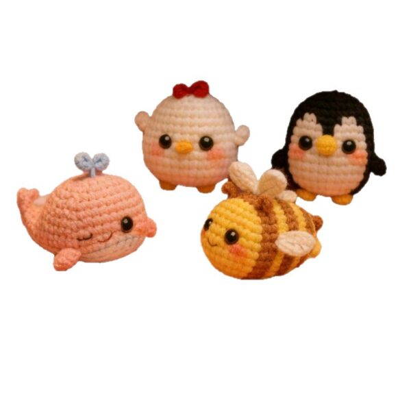 Four finished handmade animal decor displayed on a home shelf