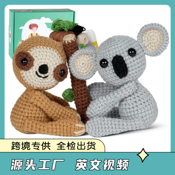 Complete sloth and koala 2-pack crochet plush kit supplies laid out on a wooden craft table