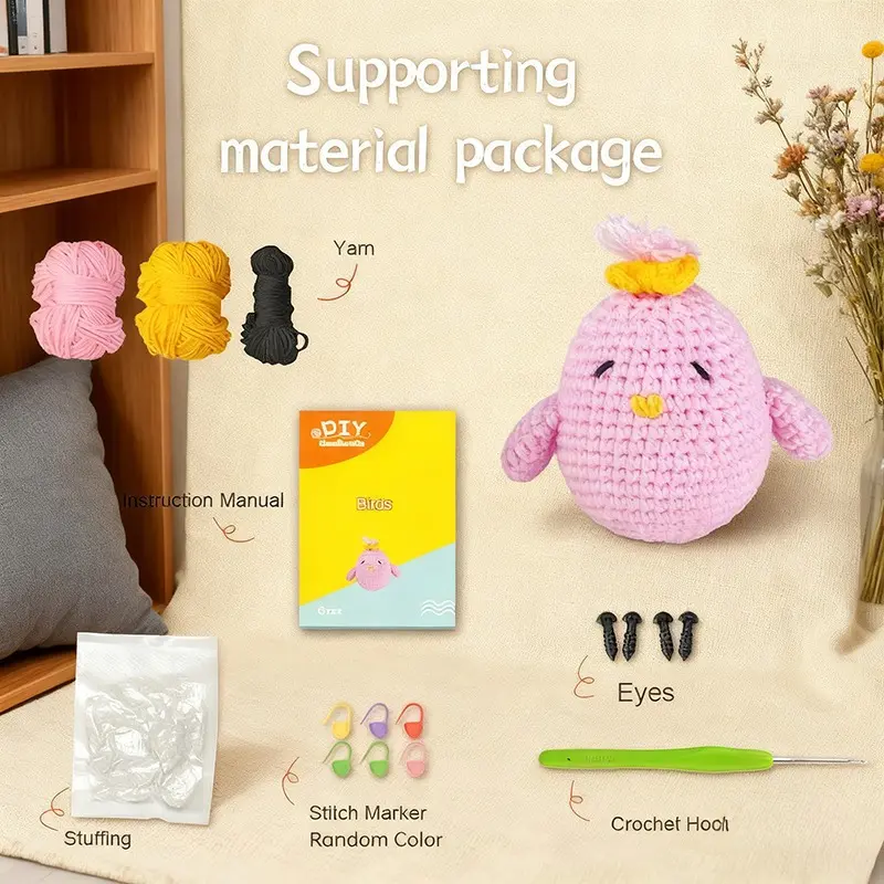 Pink Bird Crochet Figurine on Desk and Shelf Display