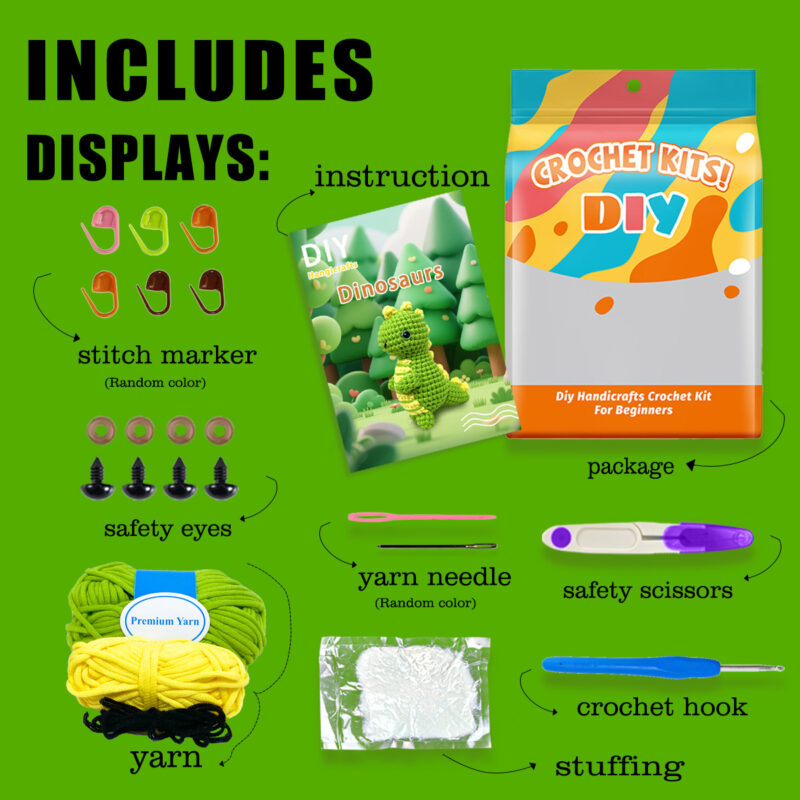 Complete green dinosaur crochet plush kit supplies on wooden table