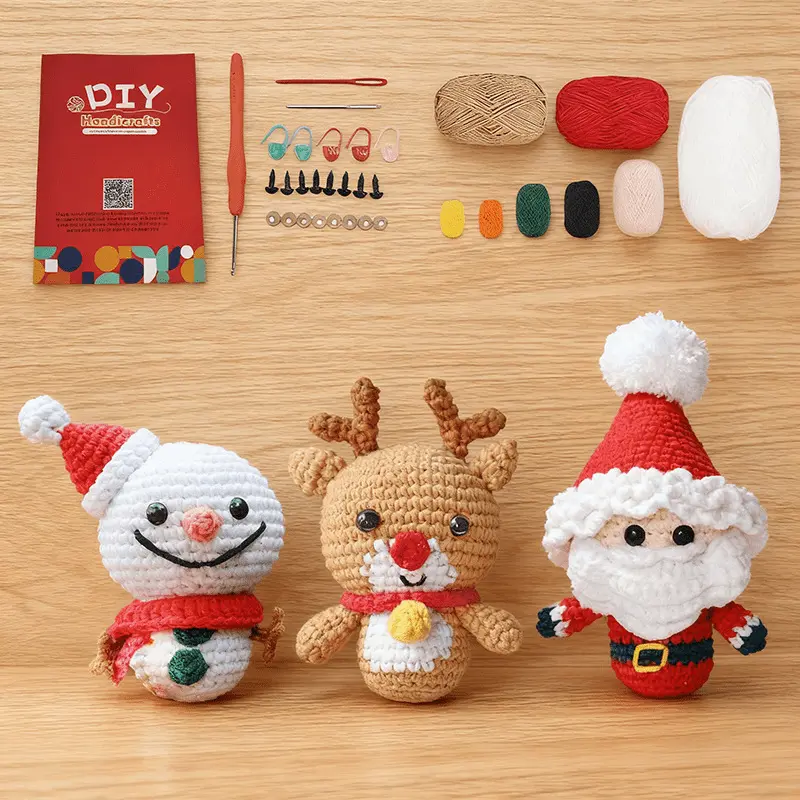 3 Piece Christmas Crochet Kit – Santa, Reindeer, Snowman for Beginners 4 Cute crochet christmas plush attached simple daily fabric charm