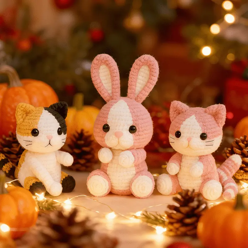 2 Cats & Bunny 3-in-1 Crochet Kit 5 Handmade Animal Plush from DIY Crochet Kit