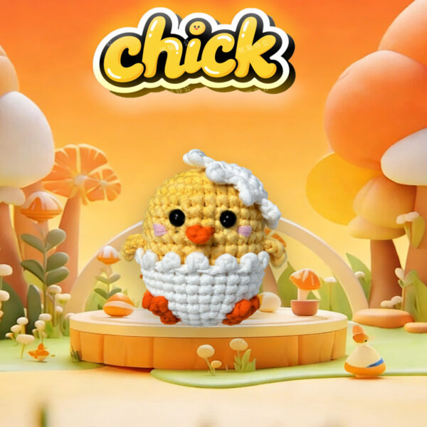 Complete tiny chick crochet plush kit supplies on wooden table