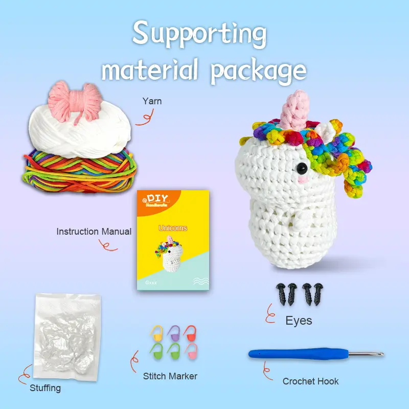 Small crochet unicorn plush placed on a modern office desk