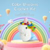 white unicorn crochet kit Complete white unicorn crochet plush kit supplies on wooden table