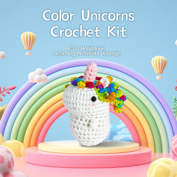 white unicorn crochet kit Complete white unicorn crochet plush kit supplies on wooden table
