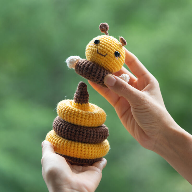 Finished bee stacking crochet toy