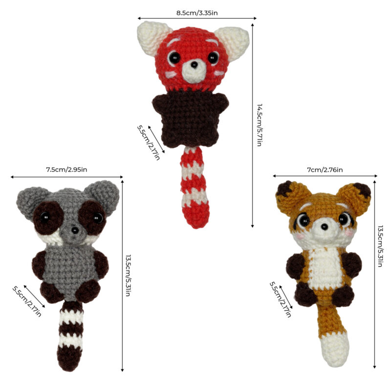 Finished raccoon fox red panda crochet set
