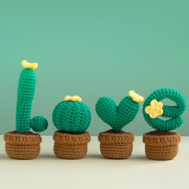 Finished dark LOVE cactus crochet potted plant