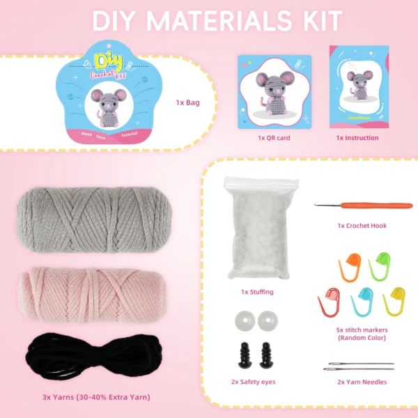 gray little mouse crochet kit for beginners Mouse ear crochet step tutorial