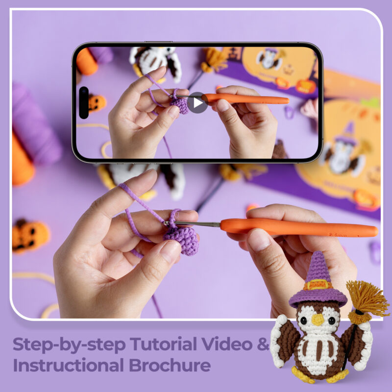Owl broom crochet kit as handmade halloween gift