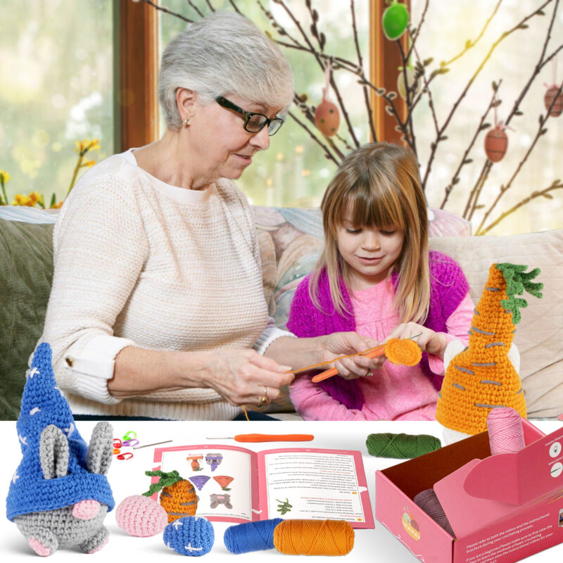 Crochet gnome with carrot charm for easter display