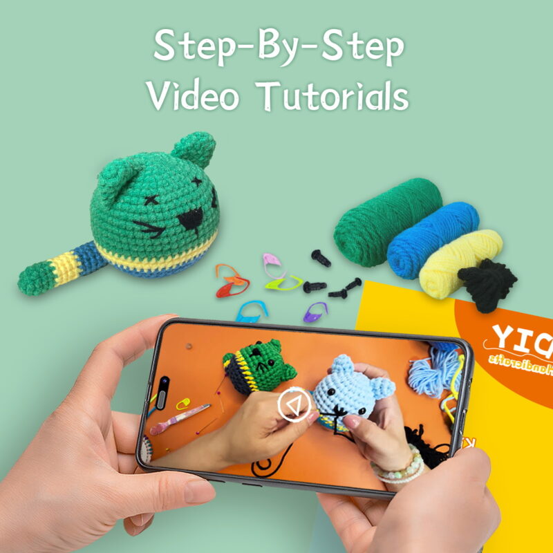 Crochet green cat for kids toy and nursery decor