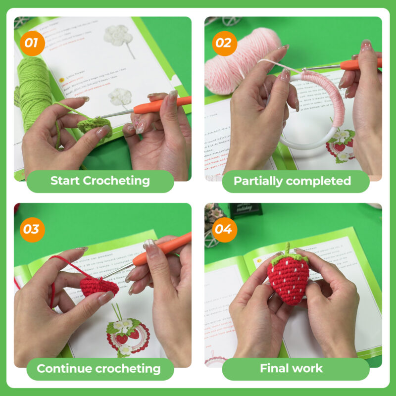 Finished 3-piece strawberry crochet charm set