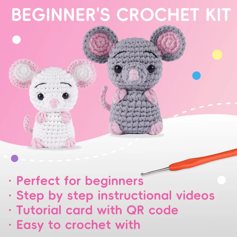 Gray Little Mouse Crochet Kit for Beginners | Tiny DIY Craft 6 Mouse crochet kit as small handmade gift